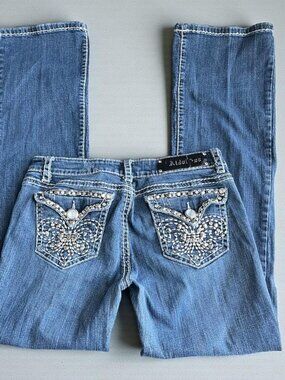 Medium Wash Low Rise Bootcut Jeans | Rhinestone Embellished Back Pockets